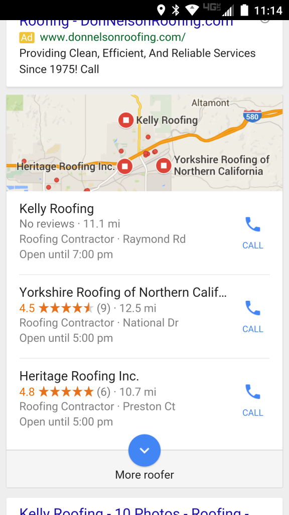 A search for "roofer in Livermore" on a mobile device